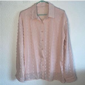 Blush Pink Swiss Dot sheer long sleeve buttons large women collar shirt blouse